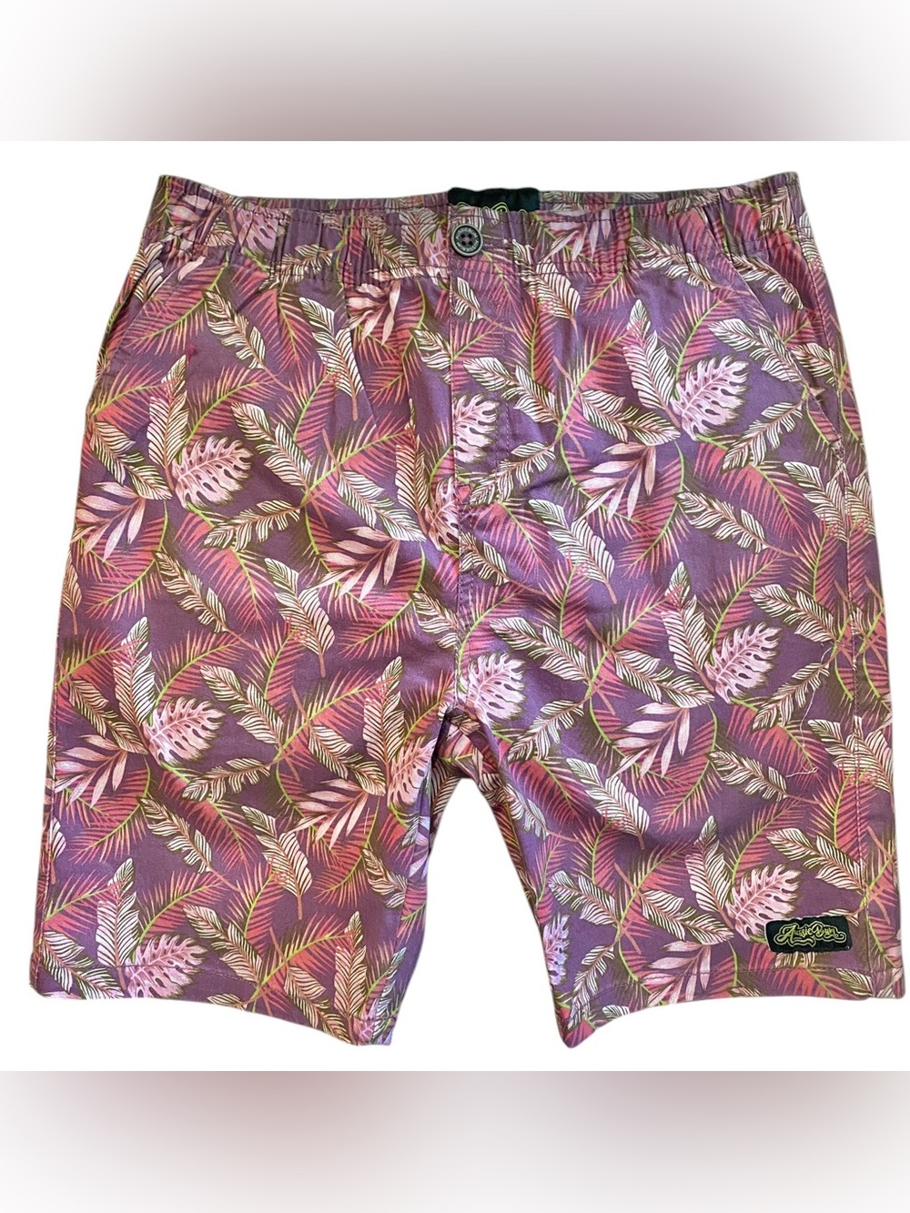 AussieBum Tropical Palm Leaf Shorts Purple Cotton Blend Stretch Waist Sz Medium
